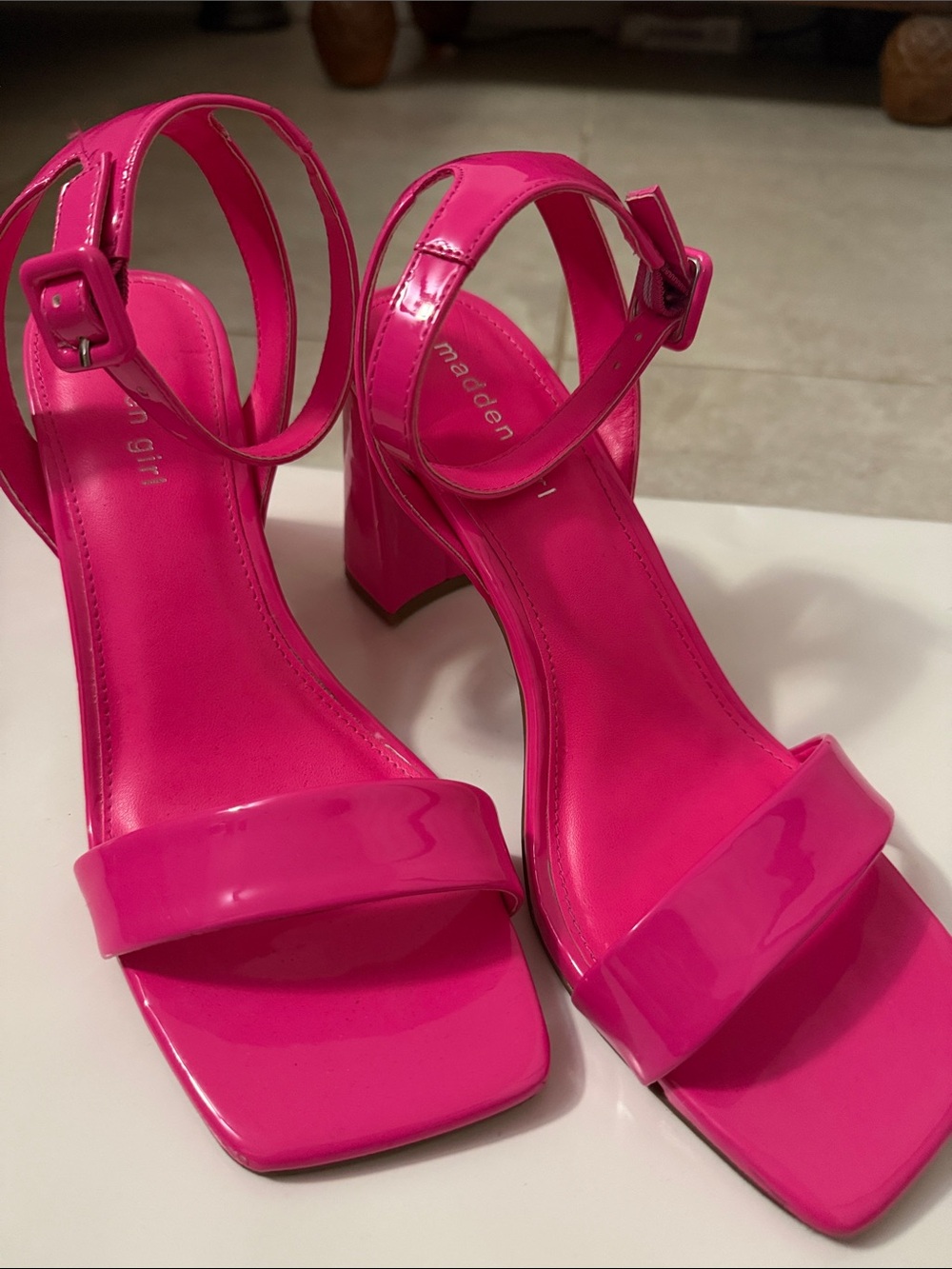 Madden Girl Patent Hot Pink Block Heel Sandals with Ankle Strap